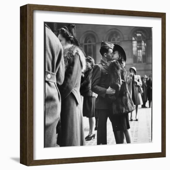 Couple in Penn Station Sharing Farewell Kiss Before He Ships Off to War During WWII-Alfred Eisenstaedt-Framed Photographic Print