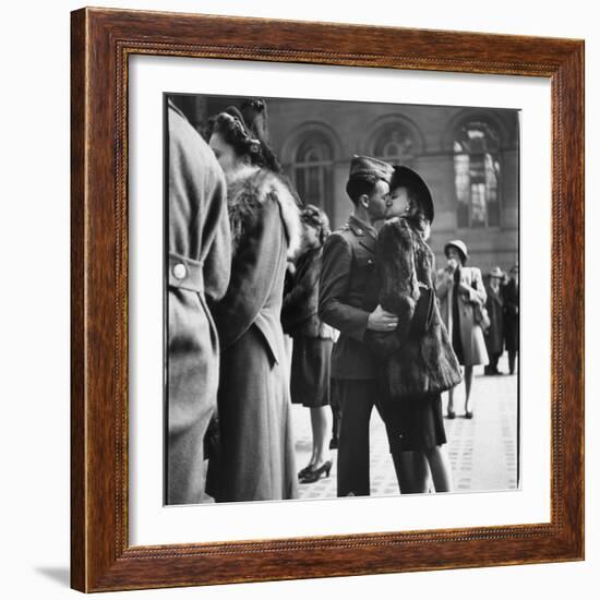 Couple in Penn Station Sharing Farewell Kiss Before He Ships Off to War During WWII-Alfred Eisenstaedt-Framed Photographic Print