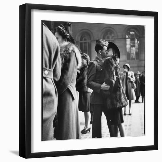 Couple in Penn Station Sharing Farewell Kiss Before He Ships Off to War During WWII-Alfred Eisenstaedt-Framed Photographic Print