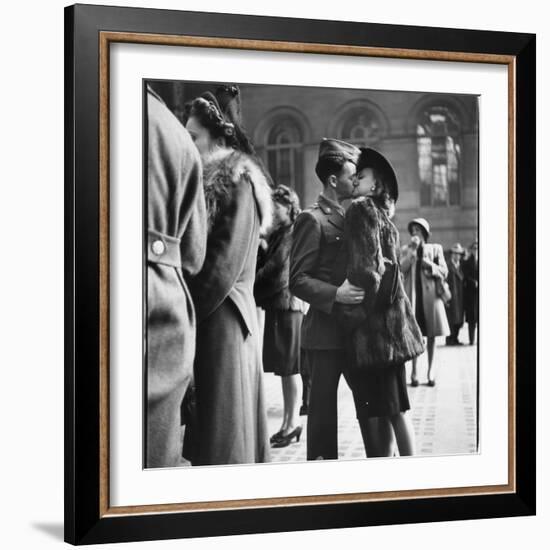 Couple in Penn Station Sharing Farewell Kiss Before He Ships Off to War During WWII-Alfred Eisenstaedt-Framed Photographic Print