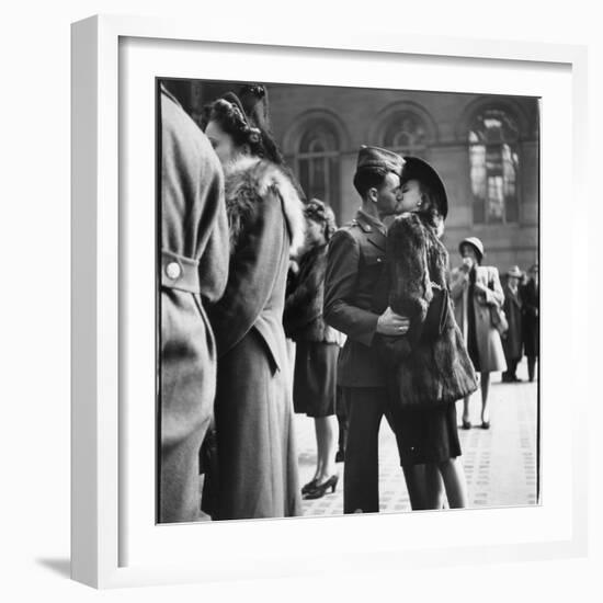 Couple in Penn Station Sharing Farewell Kiss Before He Ships Off to War During WWII-Alfred Eisenstaedt-Framed Photographic Print