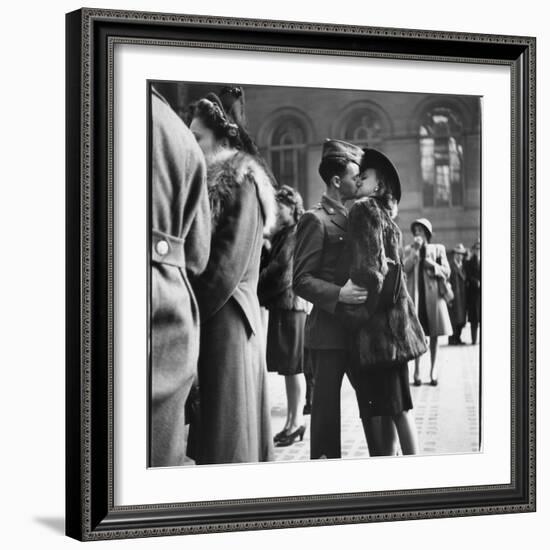 Couple in Penn Station Sharing Farewell Kiss Before He Ships Off to War During WWII-Alfred Eisenstaedt-Framed Photographic Print