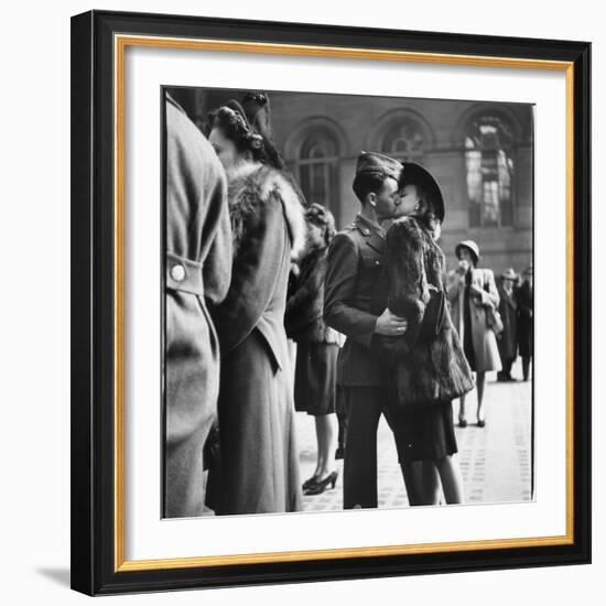 Couple in Penn Station Sharing Farewell Kiss Before He Ships Off to War During WWII-Alfred Eisenstaedt-Framed Photographic Print