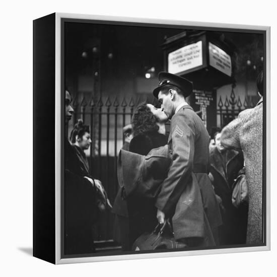 Couple in Penn Station Sharing Farewell Kiss Before He Ships Off to War During WWII-Alfred Eisenstaedt-Framed Premier Image Canvas