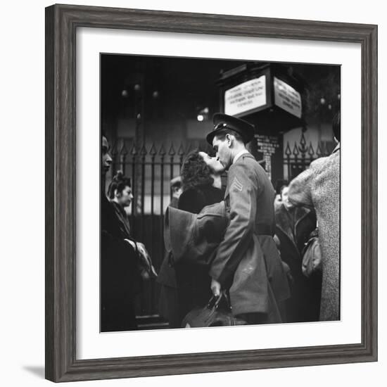 Couple in Penn Station Sharing Farewell Kiss Before He Ships Off to War During WWII-Alfred Eisenstaedt-Framed Photographic Print