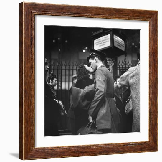 Couple in Penn Station Sharing Farewell Kiss Before He Ships Off to War During WWII-Alfred Eisenstaedt-Framed Photographic Print