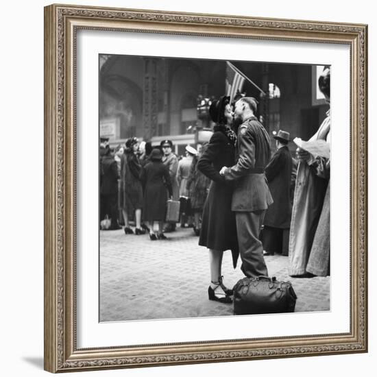 Couple in Penn Station Sharing Farewell Kiss Before He Ships Off to War During WWII-Alfred Eisenstaedt-Framed Photographic Print