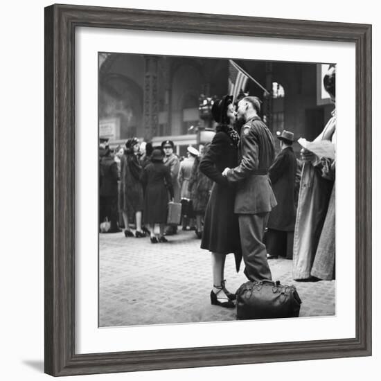 Couple in Penn Station Sharing Farewell Kiss Before He Ships Off to War During WWII-Alfred Eisenstaedt-Framed Photographic Print