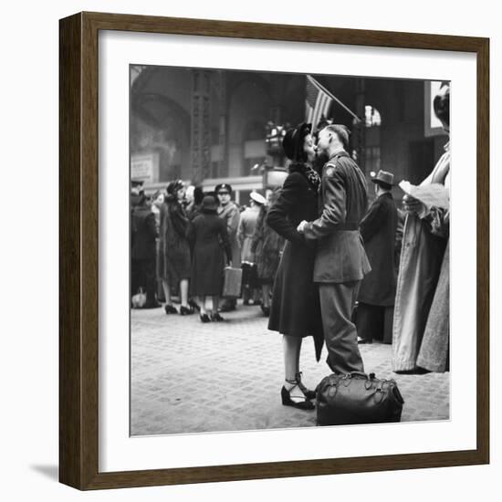 Couple in Penn Station Sharing Farewell Kiss Before He Ships Off to War During WWII-Alfred Eisenstaedt-Framed Photographic Print