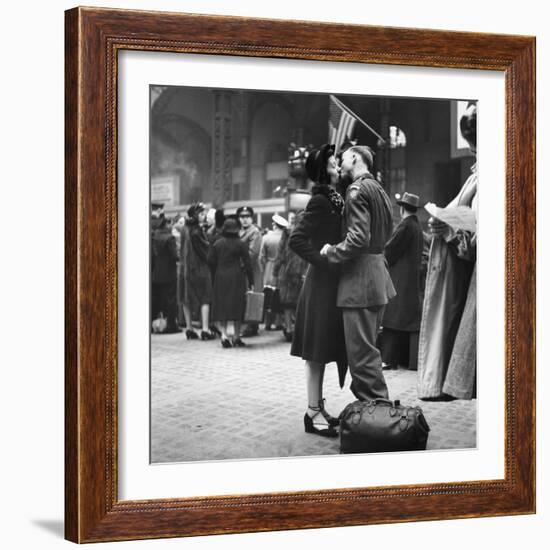 Couple in Penn Station Sharing Farewell Kiss Before He Ships Off to War During WWII-Alfred Eisenstaedt-Framed Photographic Print