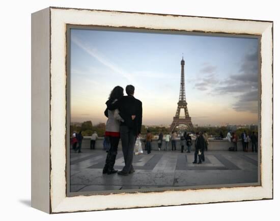 Couple Look Towards the Eiffel Tower, Paris, France, Europe-Andrew Mcconnell-Framed Premier Image Canvas