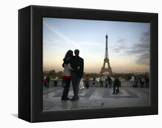 Couple Look Towards the Eiffel Tower, Paris, France, Europe-Andrew Mcconnell-Framed Premier Image Canvas