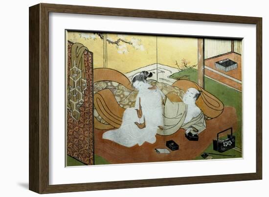 Couple of Lovers Lying in an Interior with Screen, C.1765 (Calligraphy Box)-Suzuki Harunobu-Framed Giclee Print