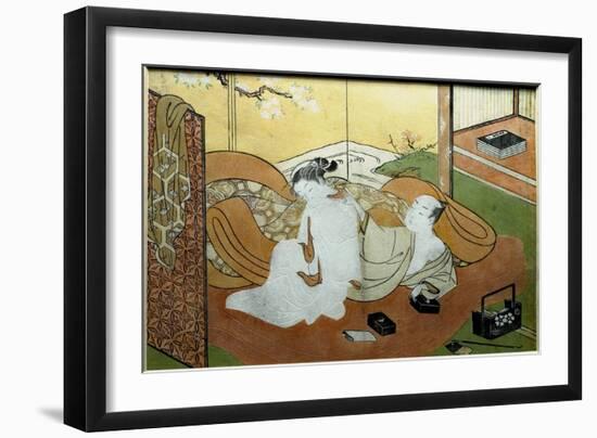 Couple of Lovers Lying in an Interior with Screen, C.1765 (Calligraphy Box)-Suzuki Harunobu-Framed Giclee Print