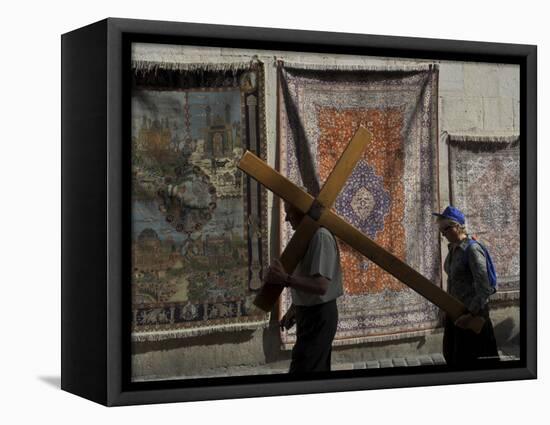 Couple of Pilgrims Carrying a Cross on the Via Dolorosa During Good Friday Catholic Procession-Eitan Simanor-Framed Premier Image Canvas