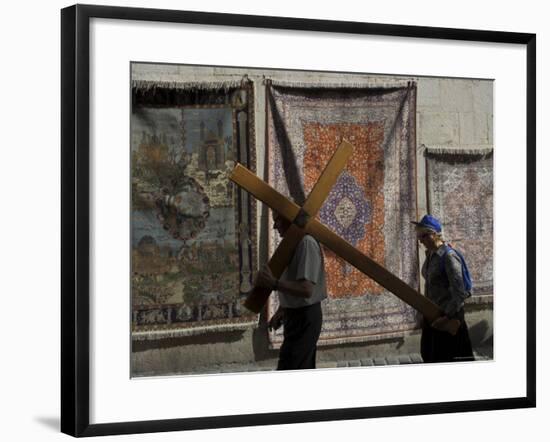 Couple of Pilgrims Carrying a Cross on the Via Dolorosa During Good Friday Catholic Procession-Eitan Simanor-Framed Photographic Print