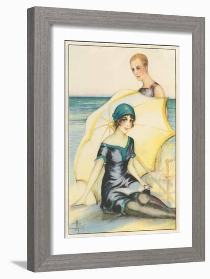 Couple on Beach in Swimming Costumes-null-Framed Art Print