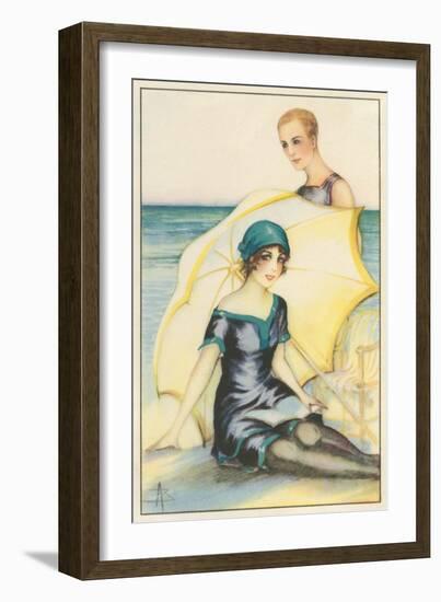 Couple on Beach in Swimming Costumes-null-Framed Art Print