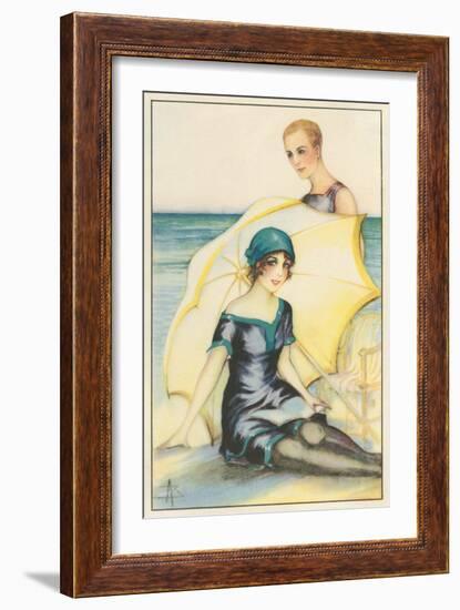 Couple on Beach in Swimming Costumes-null-Framed Art Print