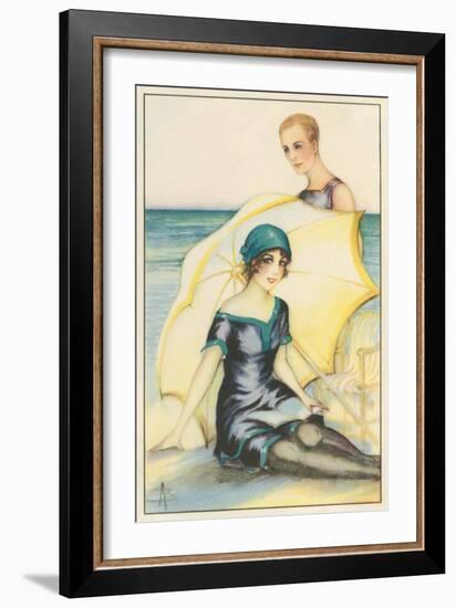 Couple on Beach in Swimming Costumes-null-Framed Art Print