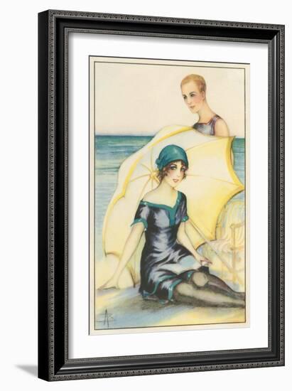 Couple on Beach in Swimming Costumes-null-Framed Art Print