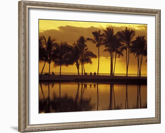 Couple, Palm Trees and Sunset Reflecting in Lagoon at Anaeho'omalu Bay, Big Island, Hawaii, USA-Merrill Images-Framed Photographic Print