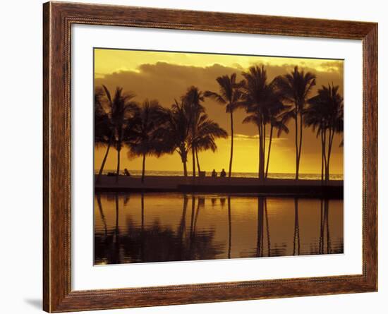 Couple, Palm Trees and Sunset Reflecting in Lagoon at Anaeho'omalu Bay, Big Island, Hawaii, USA-Merrill Images-Framed Photographic Print