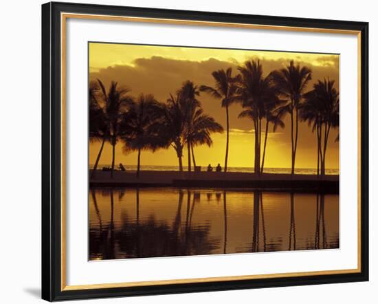 Couple, Palm Trees and Sunset Reflecting in Lagoon at Anaeho'omalu Bay, Big Island, Hawaii, USA-Merrill Images-Framed Photographic Print