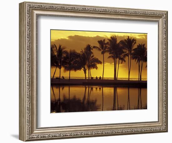 Couple, Palm Trees and Sunset Reflecting in Lagoon at Anaeho'omalu Bay, Big Island, Hawaii, USA-Merrill Images-Framed Photographic Print