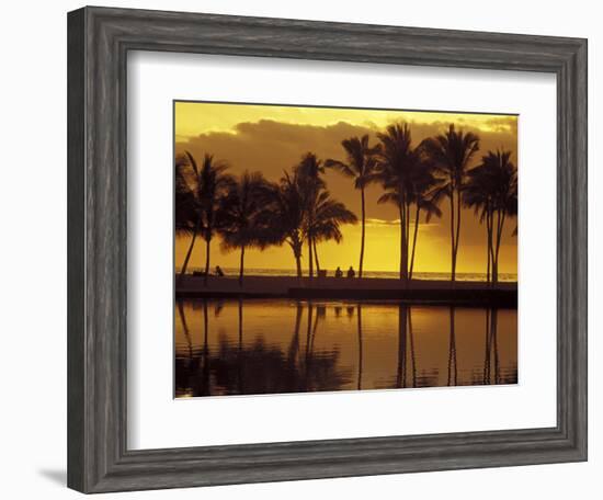 Couple, Palm Trees and Sunset Reflecting in Lagoon at Anaeho'omalu Bay, Big Island, Hawaii, USA-Merrill Images-Framed Photographic Print