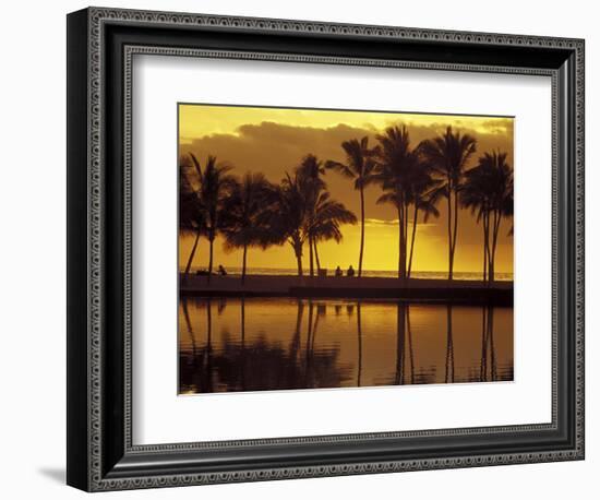 Couple, Palm Trees and Sunset Reflecting in Lagoon at Anaeho'omalu Bay, Big Island, Hawaii, USA-Merrill Images-Framed Photographic Print