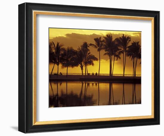 Couple, Palm Trees and Sunset Reflecting in Lagoon at Anaeho'omalu Bay, Big Island, Hawaii, USA-Merrill Images-Framed Photographic Print