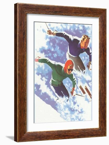 Couple Racing through Powder on Skis-null-Framed Art Print