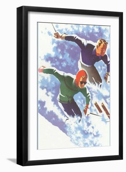 Couple Racing through Powder on Skis-null-Framed Art Print