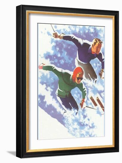 Couple Racing through Powder on Skis-null-Framed Art Print