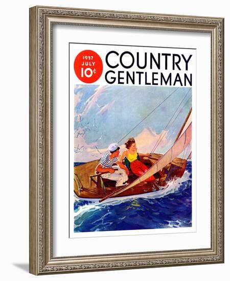 "Couple Sailing," Country Gentleman Cover, July 1, 1937-R.J. Cavaliere-Framed Giclee Print