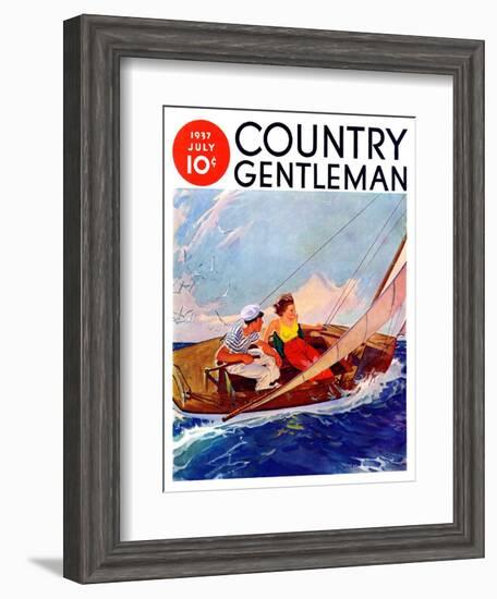 "Couple Sailing," Country Gentleman Cover, July 1, 1937-R.J. Cavaliere-Framed Giclee Print