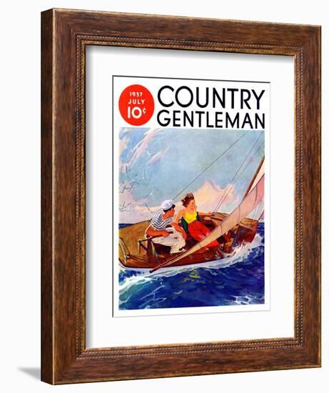 "Couple Sailing," Country Gentleman Cover, July 1, 1937-R.J. Cavaliere-Framed Giclee Print