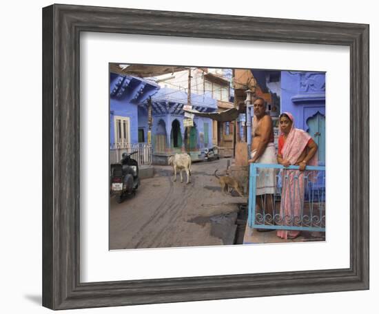 Couple Standing Outside Blue Painted Residential Haveli, Old City, Jodhpur, Rajasthan State, India-Eitan Simanor-Framed Photographic Print