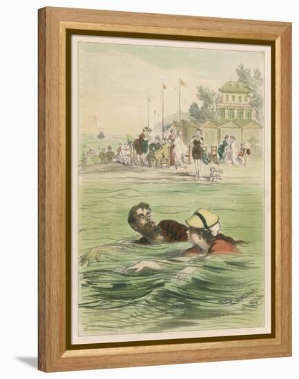 Couple Swim Side by Side off the Beach at Santander Spain-D. Eusebio Planas-Framed Stretched Canvas