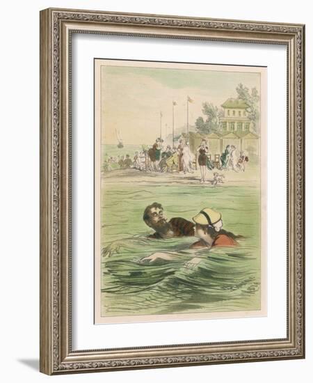 Couple Swim Side by Side off the Beach at Santander Spain-D. Eusebio Planas-Framed Art Print