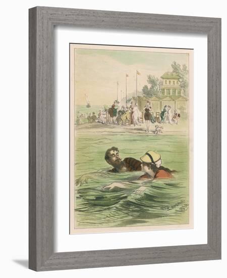 Couple Swim Side by Side off the Beach at Santander Spain-D. Eusebio Planas-Framed Art Print