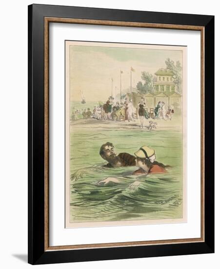 Couple Swim Side by Side off the Beach at Santander Spain-D. Eusebio Planas-Framed Art Print