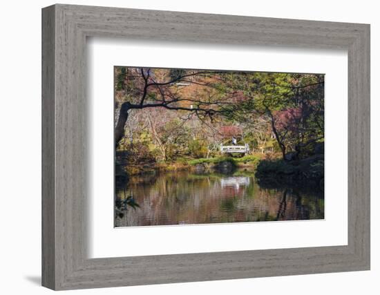 Couple walking across a bridge over a pond in the Narita Temple Garden-Sheila Haddad-Framed Photographic Print