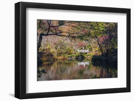 Couple walking across a bridge over a pond in the Narita Temple Garden-Sheila Haddad-Framed Photographic Print