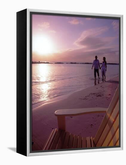 Couple Walking Along Beach at Sunset, Nassau, Bahamas, Caribbean-Greg Johnston-Framed Premier Image Canvas