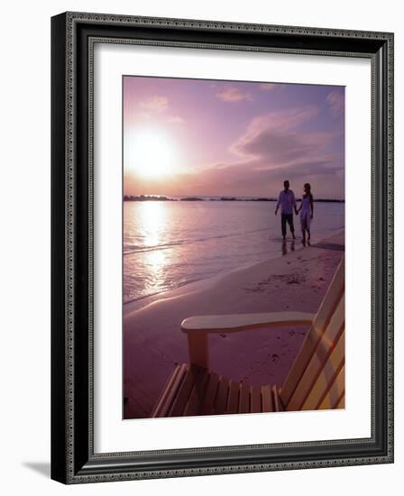 Couple Walking Along Beach at Sunset, Nassau, Bahamas, Caribbean-Greg Johnston-Framed Photographic Print