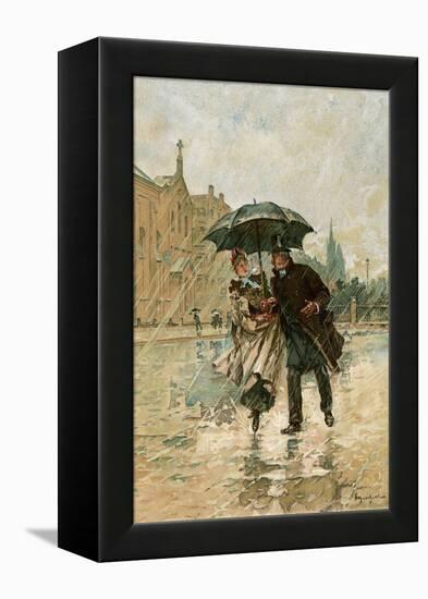 Couple Walking in the Rain on an English City Street, 1800s-null-Framed Premier Image Canvas