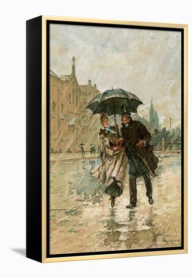 Couple Walking in the Rain on an English City Street, 1800s-null-Framed Premier Image Canvas