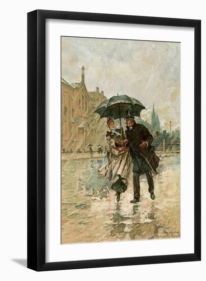 Couple Walking in the Rain on an English City Street, 1800s-null-Framed Giclee Print